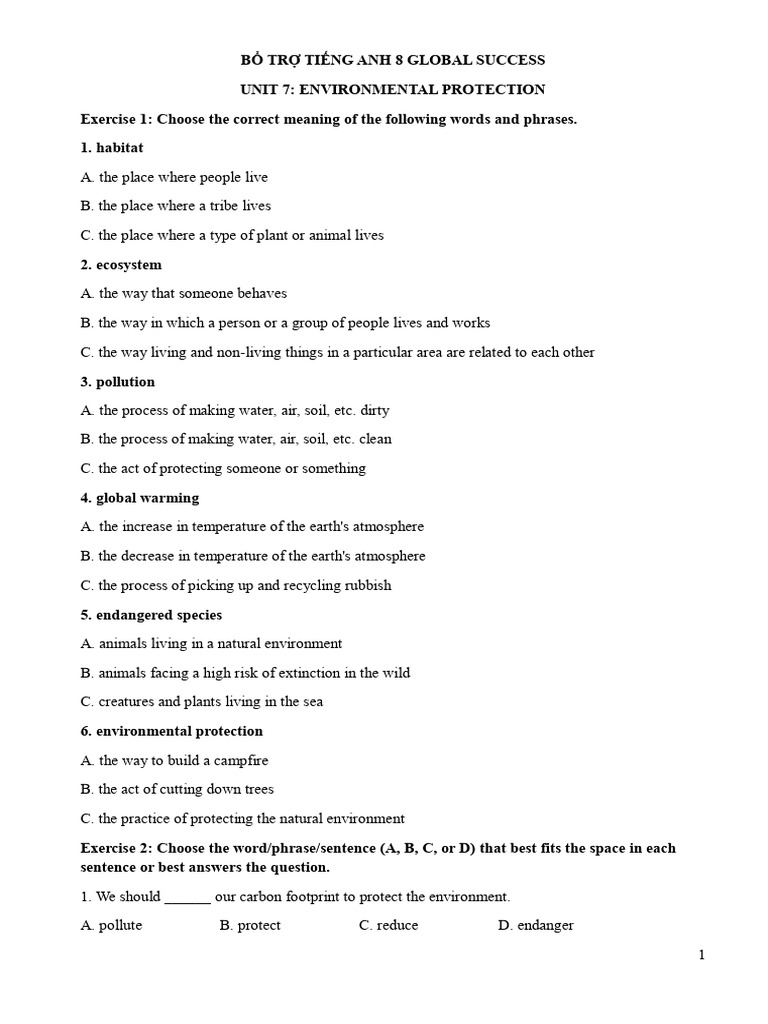 English 8: Environmental Protection Exercises | PDF | Natural ...