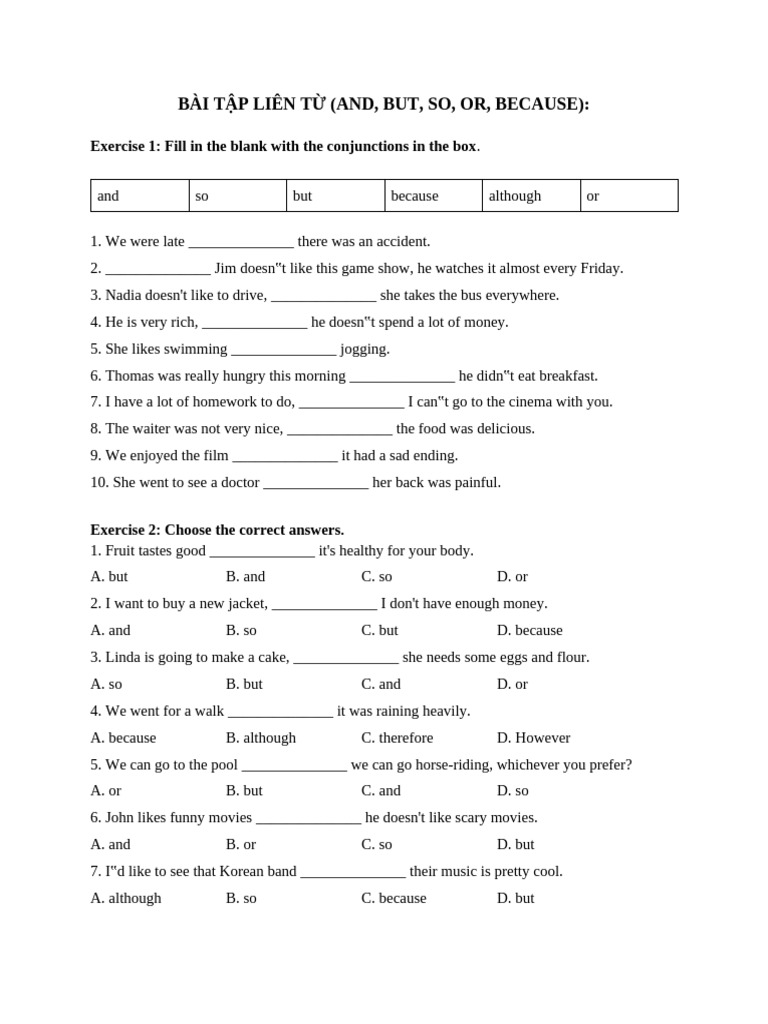 And, But, So, Or, Because - Exercise | PDF