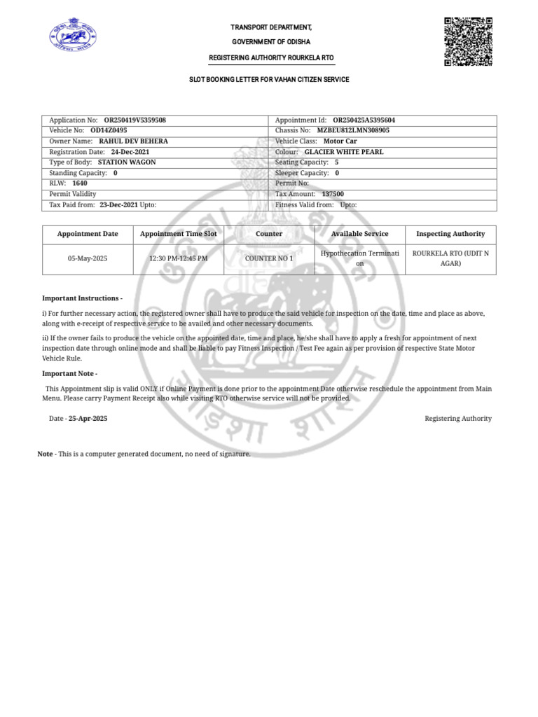 Rourkela RTO Slot Booking Confirmation | PDF