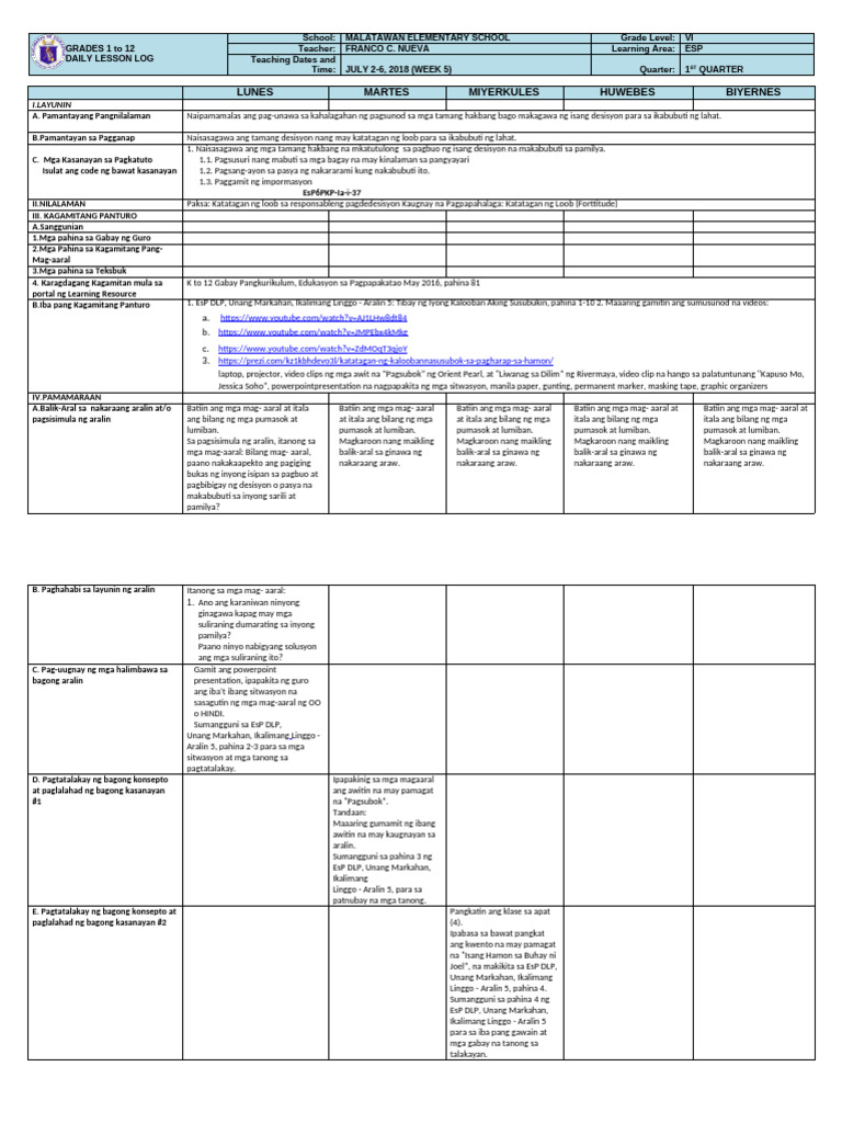 DLL - Esp 6 - Q1 - W5 | PDF