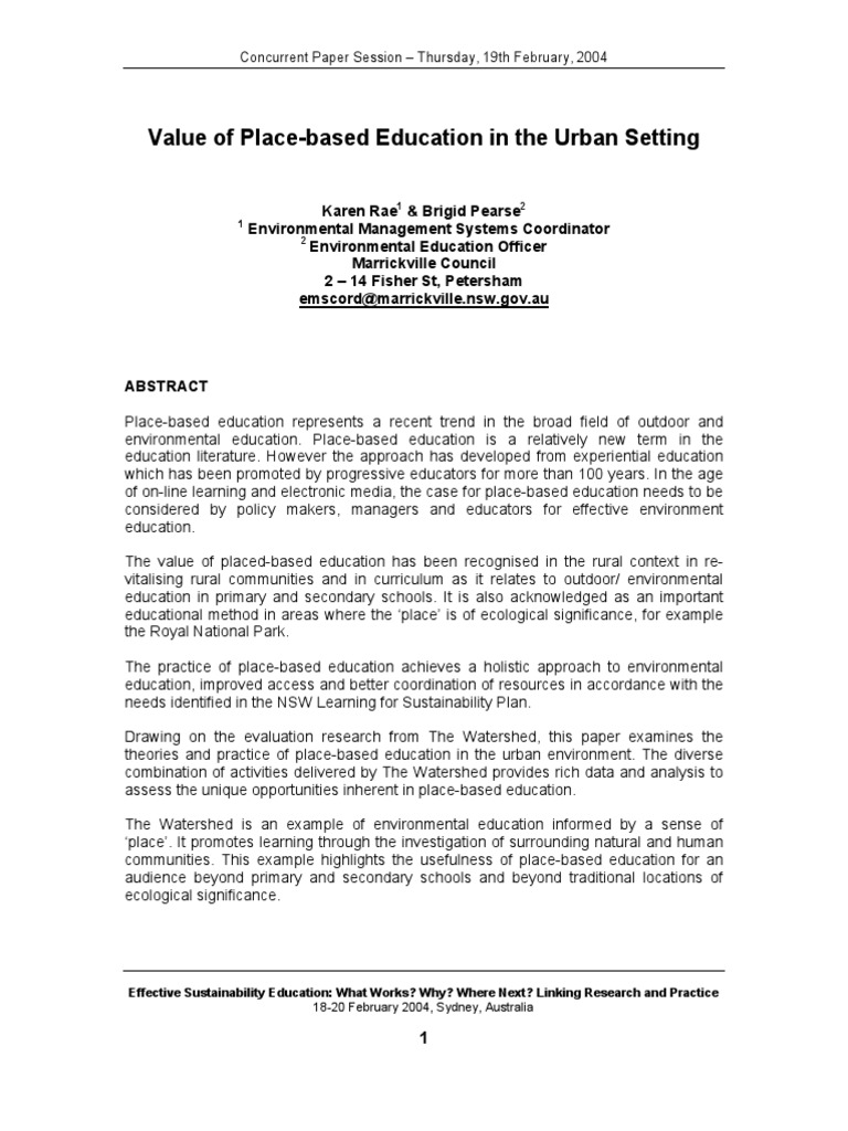 Value Of Place Based Education In The Urban Setting - 