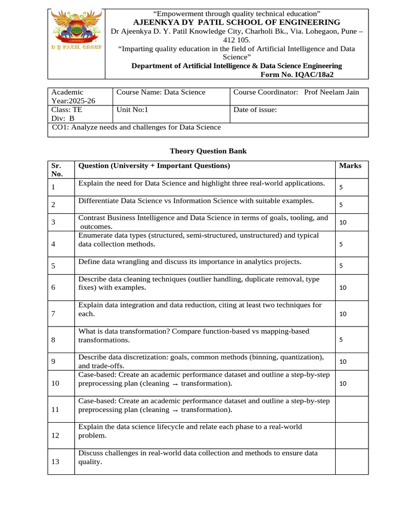 18a2.question Bank - Theory - Oral Unit 1 - DS | PDF | Data Science | Data
