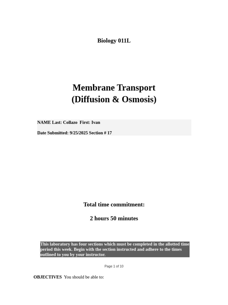 Lab 3 Membrane Transport (Difussion & Osmosis) | PDF | Osmosis | Biology