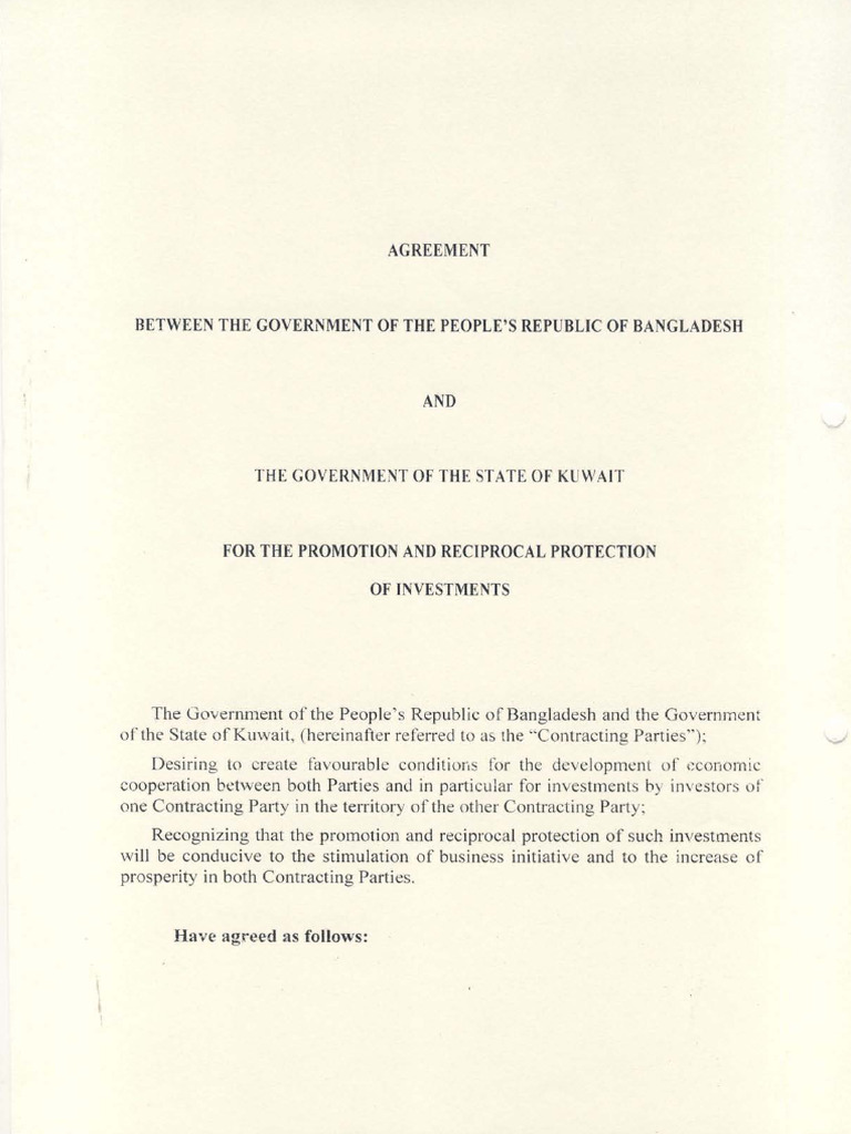 Bangladesh-Kuwait Investment Agreement | PDF | Arbitration | Investing