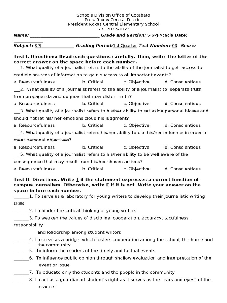 5th Grade SPJ Journalism Test 1 | PDF | Social Psychology | Psychology