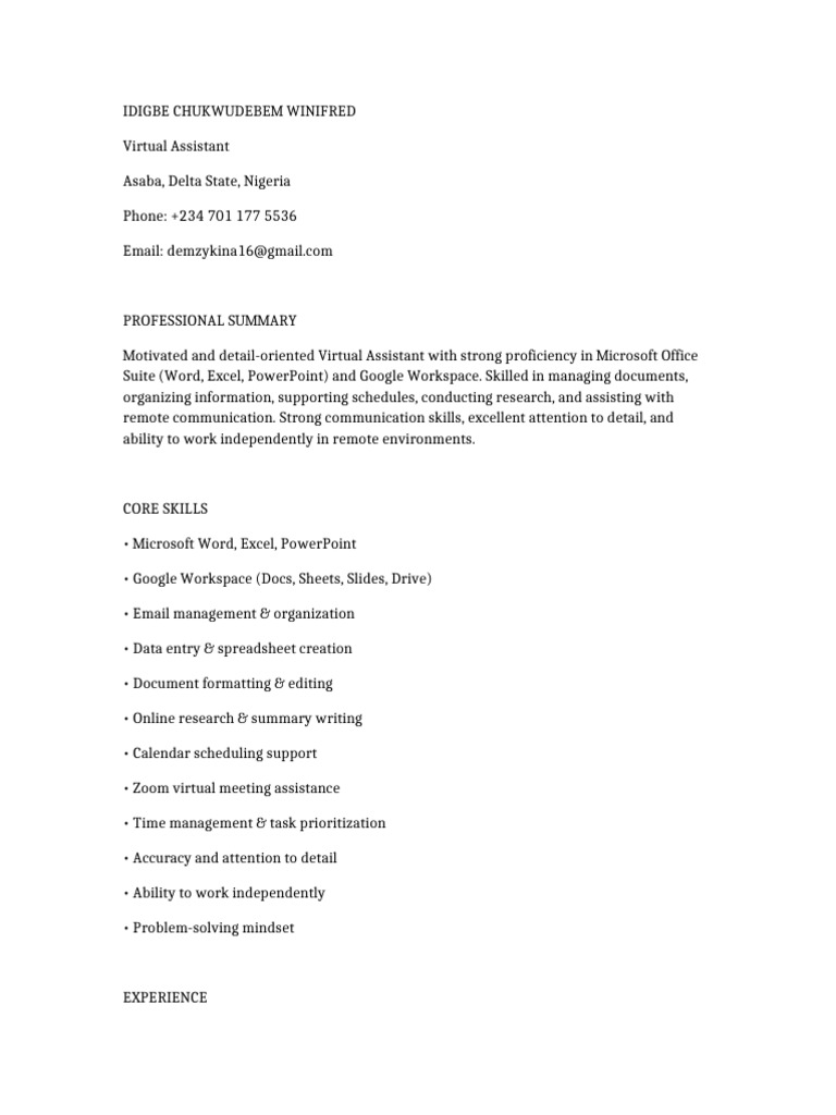 Entry-Level Virtual Assistant Profile | PDF