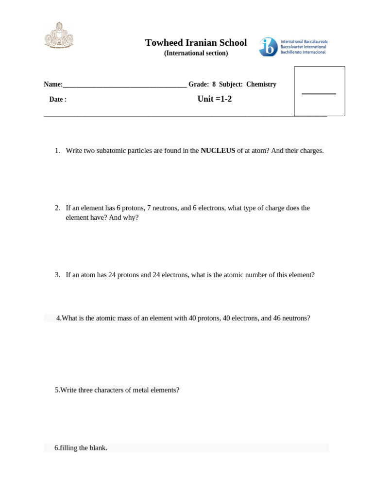 Grade 8 Chemistry Worksheet: Atoms & Elements | PDF | Chemical Elements ...