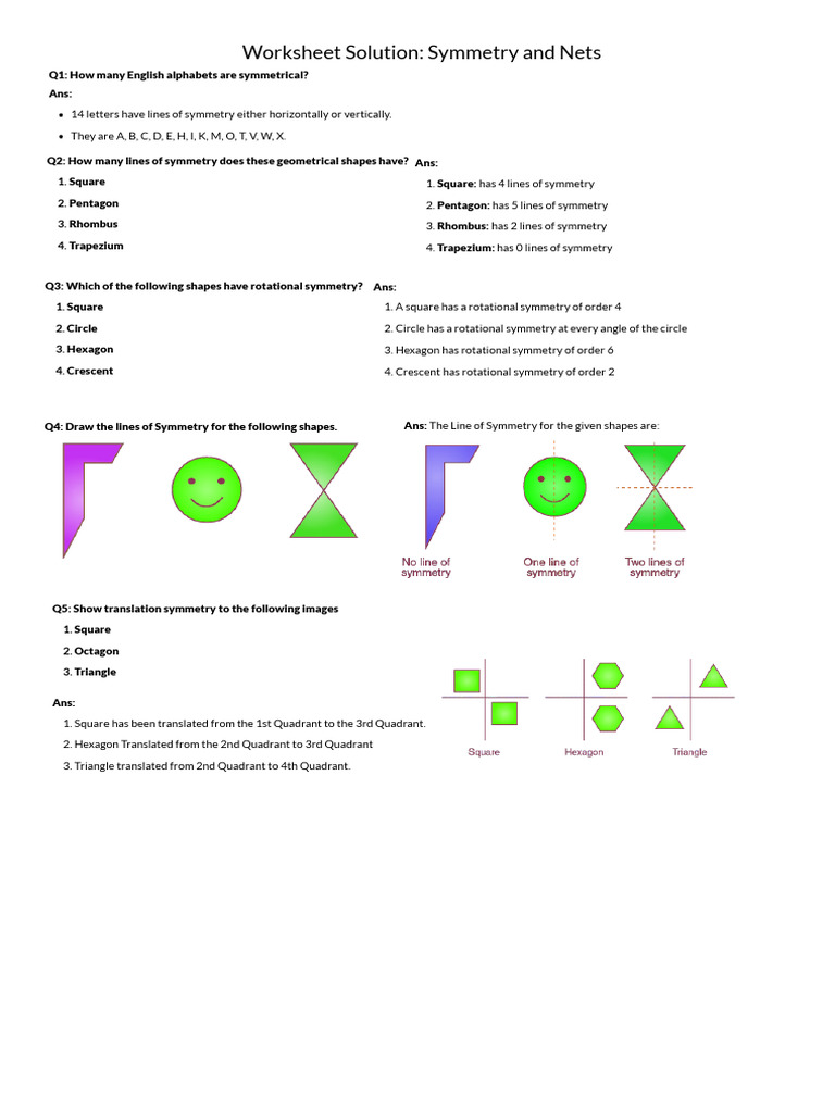 Symmetry and Nets Worksheet Solutions | PDF