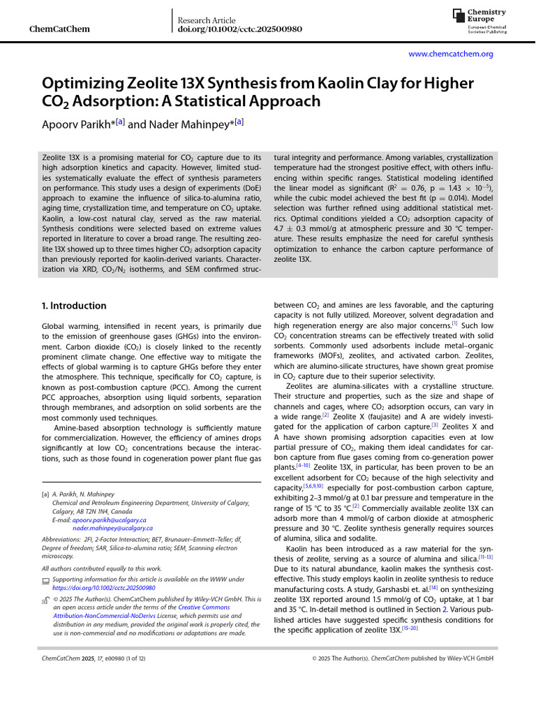 Optimizing Zeolite 13X for CO2 Capture | PDF | Adsorption | Physical ...