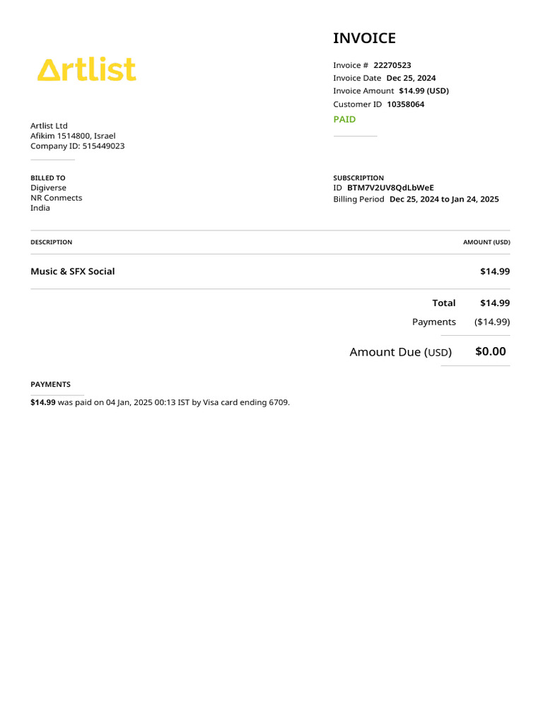 Artlist Invoice 19A8N1UYrp4lX2vou | PDF