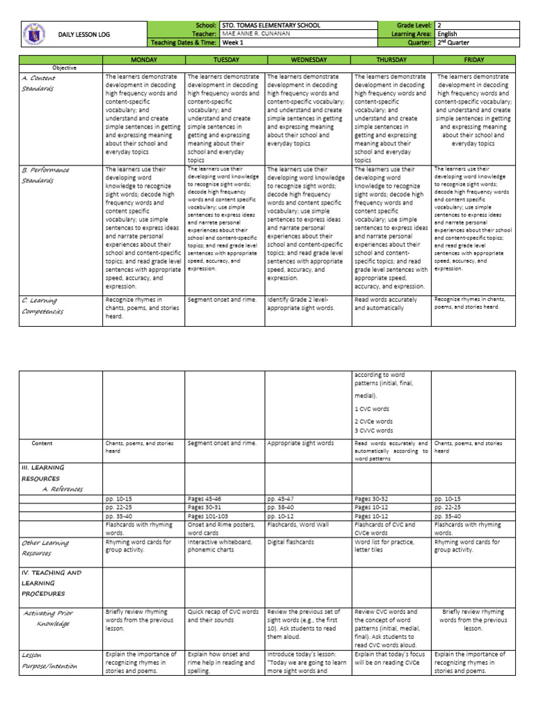 Grade 2 English Daily Lesson Plan | PDF | Syllable | Rhyme