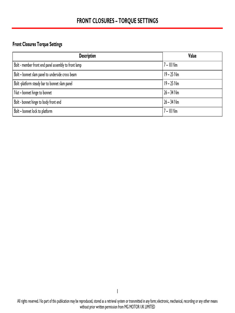 Front Closures Torque Settings Guide | PDF