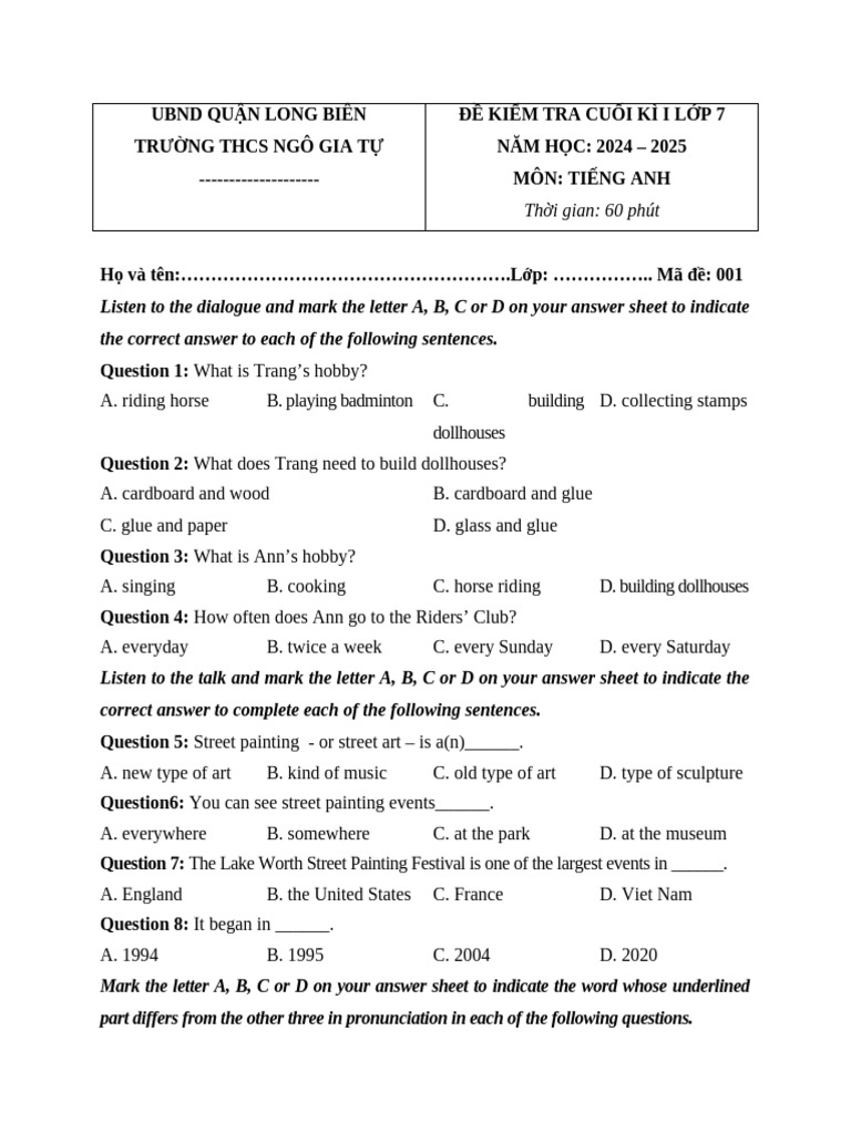 Grade 7 English Final Exam 2024-2025 | PDF | Lunch | Meal