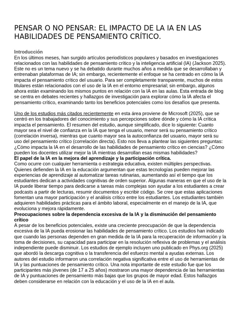 Impacto de la IA en el Pensamiento Crítico | PDF | Inteligencia ...