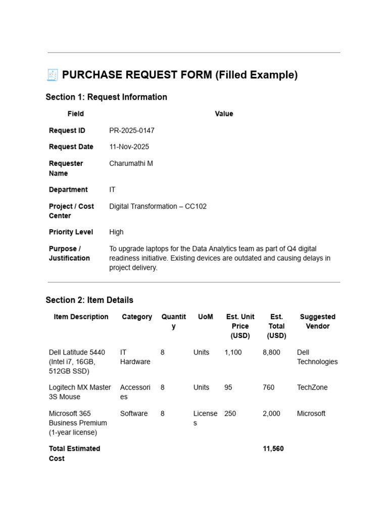 Purchase Request Form Example 2025 | PDF