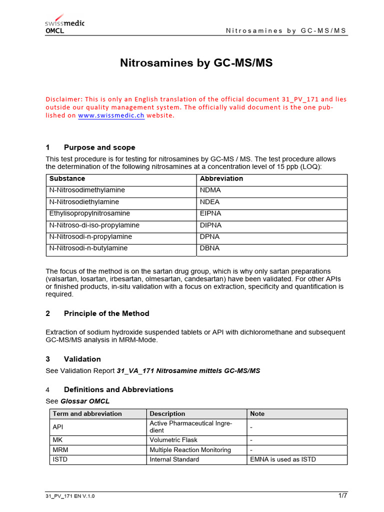 Nitrosamines Testing by GC-MS/MS | PDF | Gas Chromatography–Mass ...