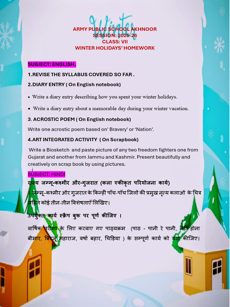 Winter Homework for Class VII Students | PDF
