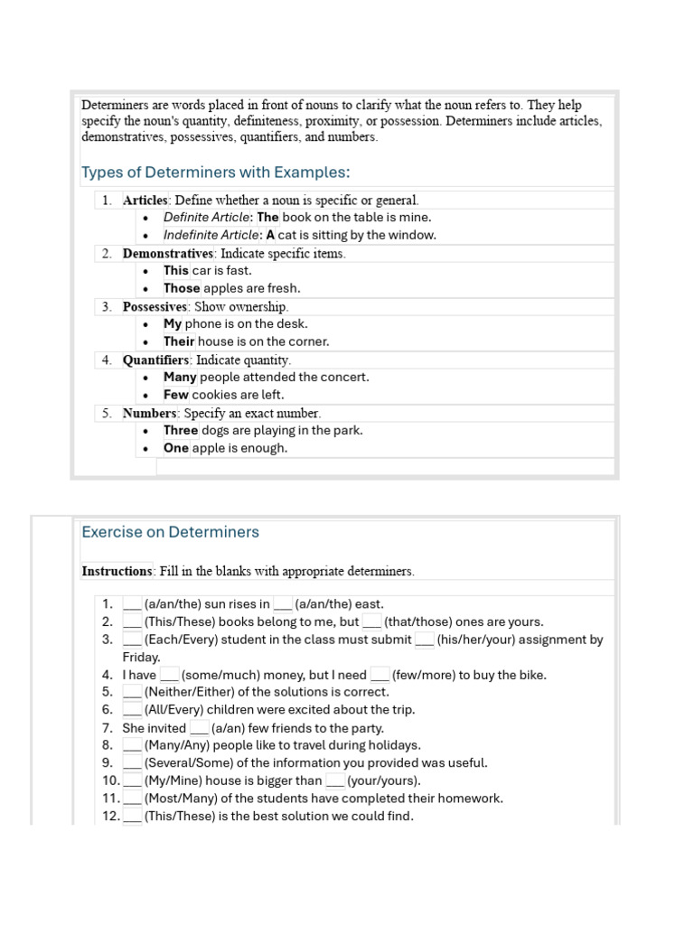 Understanding Determiners and Tenses | PDF | Verb | Grammatical Number
