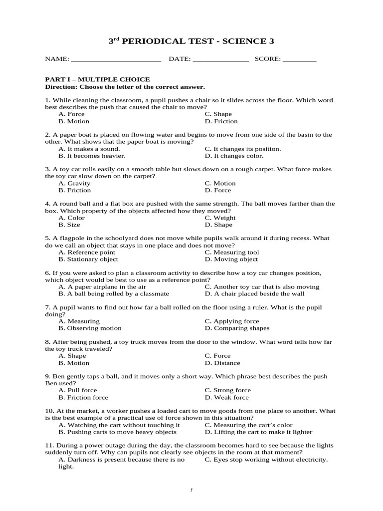 Science 3 Periodical Test Overview | PDF | Force | Light