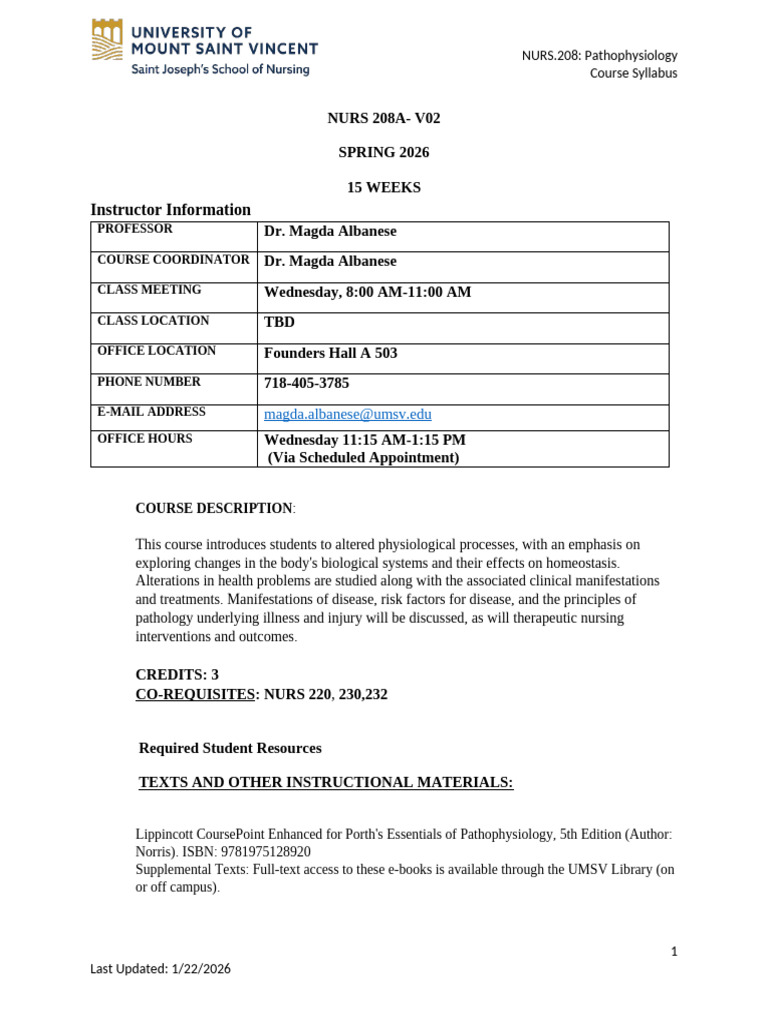 NURS 208 Pathophysiology Course Syllabus | PDF | Kidney | Artificial ...