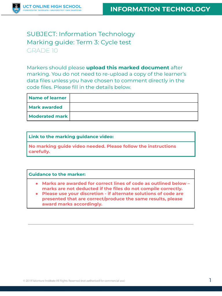 Grade 10 IT Cycle Test Marking Guide | PDF | Software Development ...