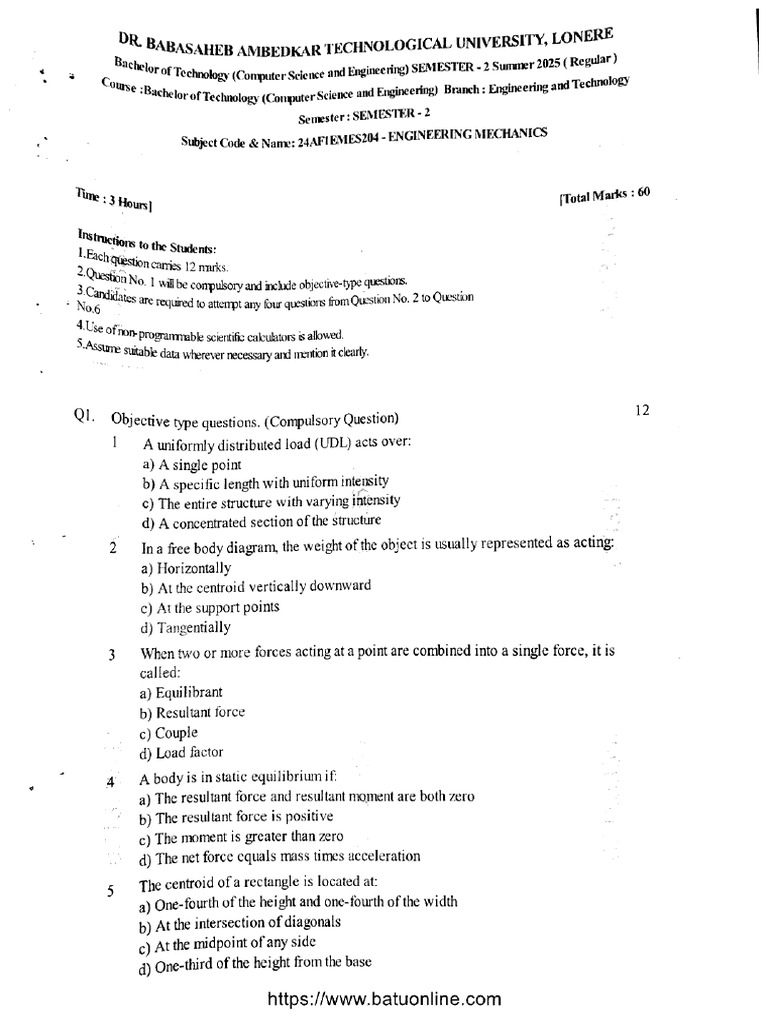 Btech 1 Year Engineering Mechanics 24af1emes204 Summer 2025 | PDF