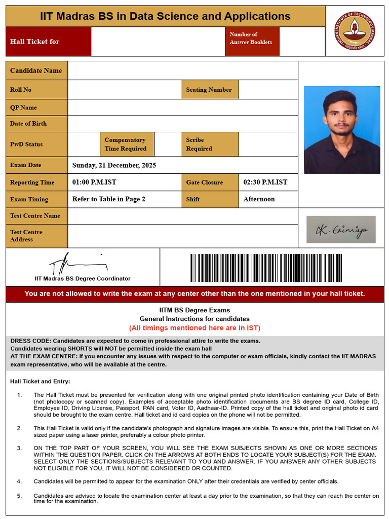 IITM BS Degree Exam Instructions 2025 | PDF | Identity Document