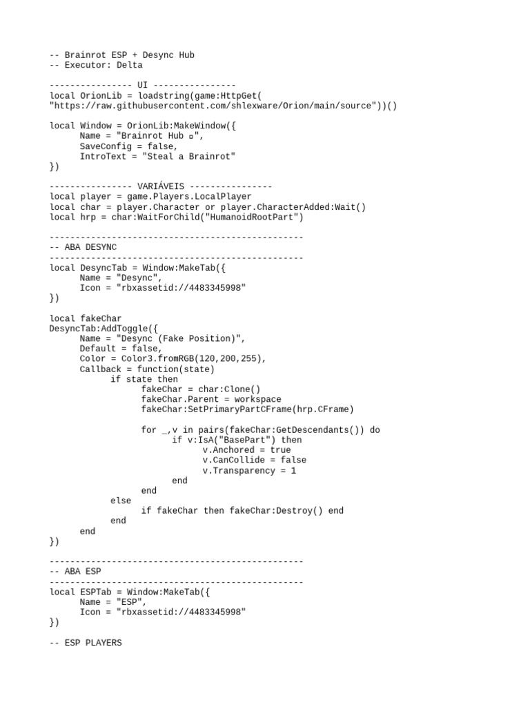 Brainrot ESP & Desync Hub Script | PDF | Software