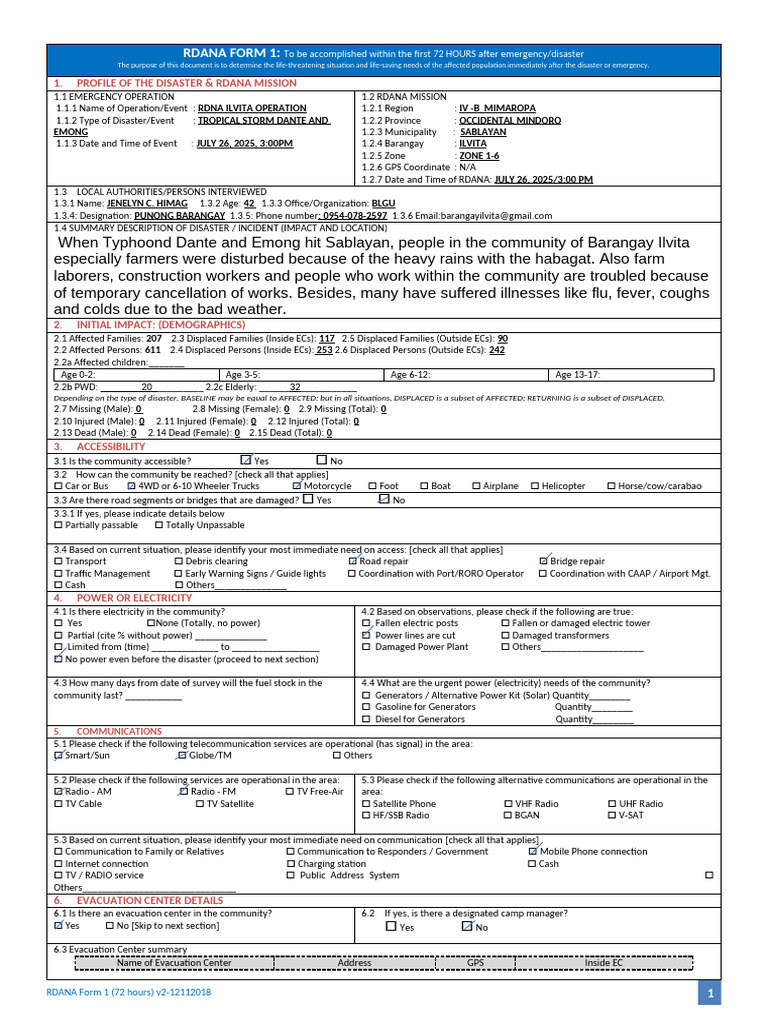 RDANA Form 1: Emergency Needs Assessment | PDF | Sanitation | Water