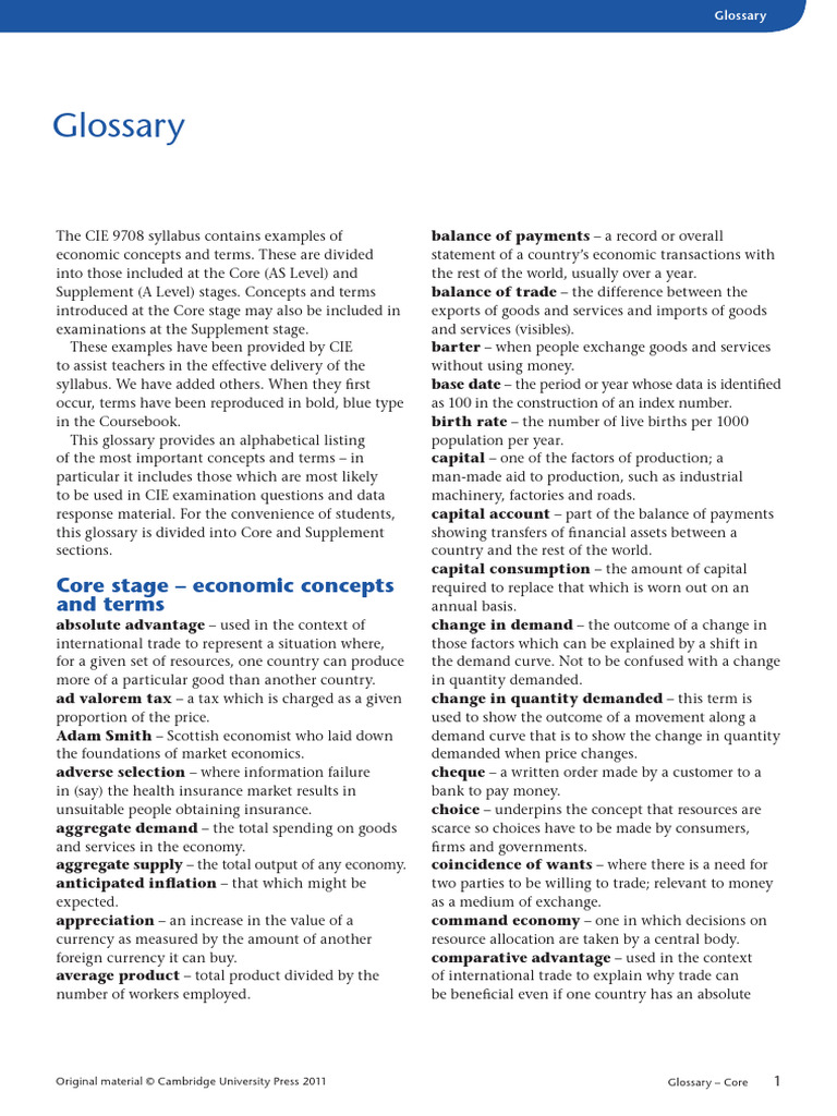CIE 9708 Economic Terms Glossary | PDF | Cost Of Living | Demand