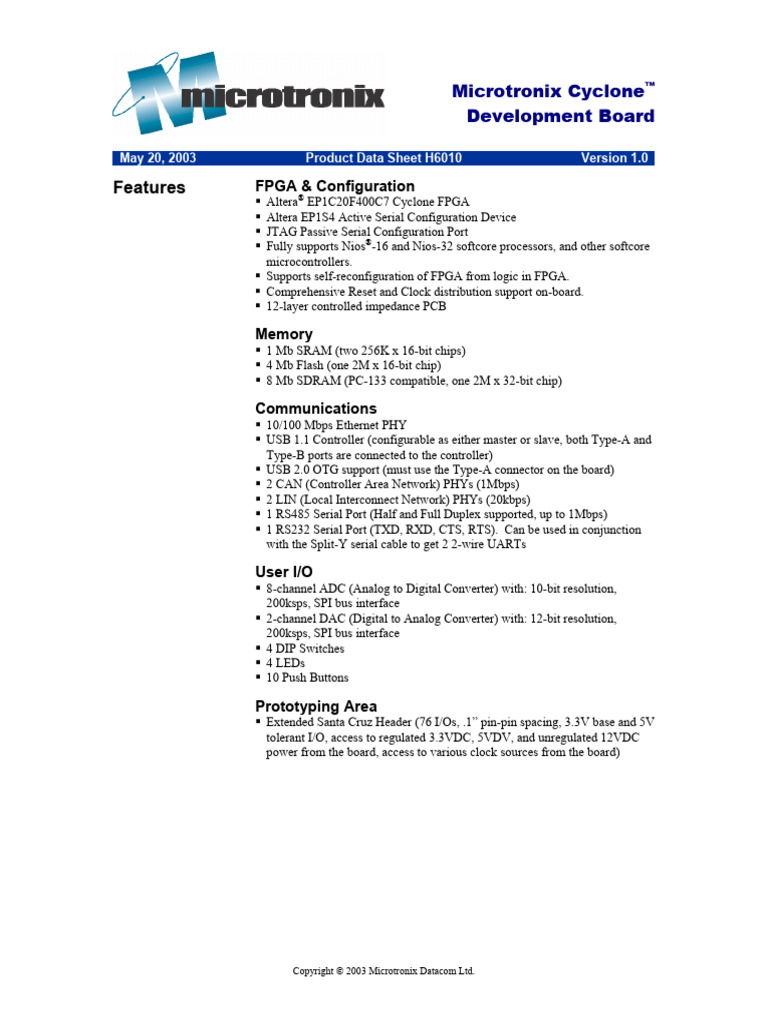 Microtronix Cyclone Development Board | PDF | Field Programmable Gate ...