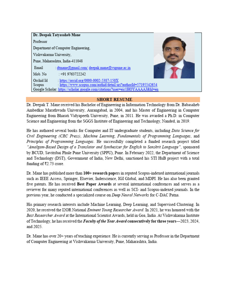 Dr. Deepak Mane: Computer Engineering Expert | PDF | Science