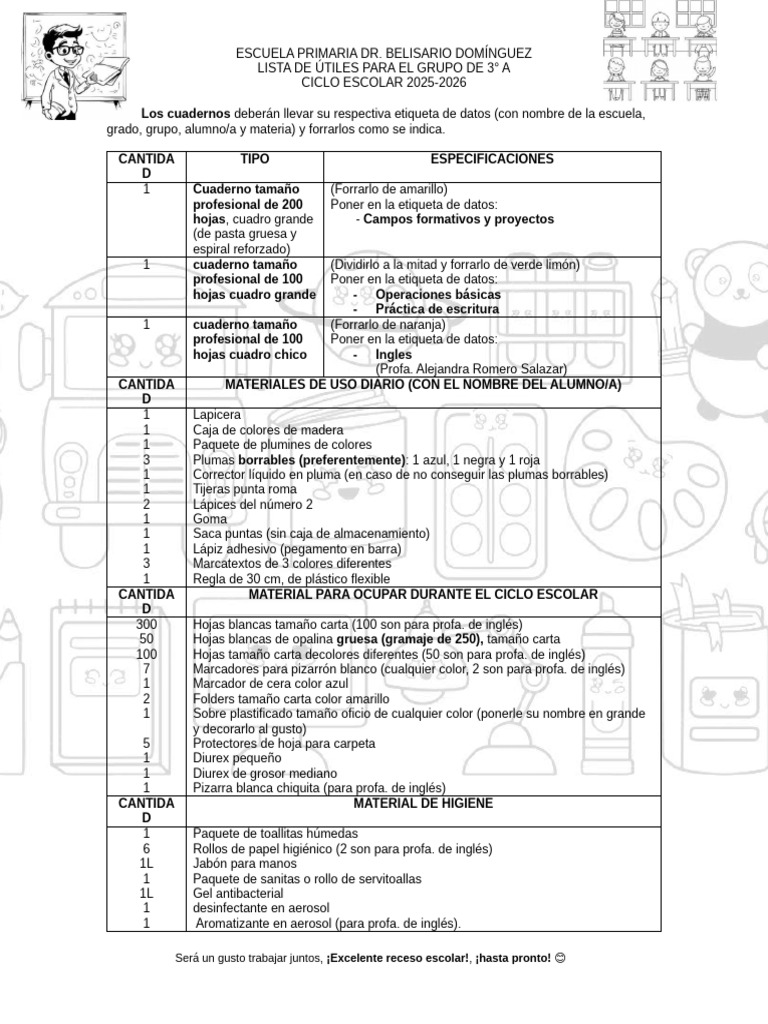Lista de Utiles - 3ro | PDF | Cuaderno | Lápiz