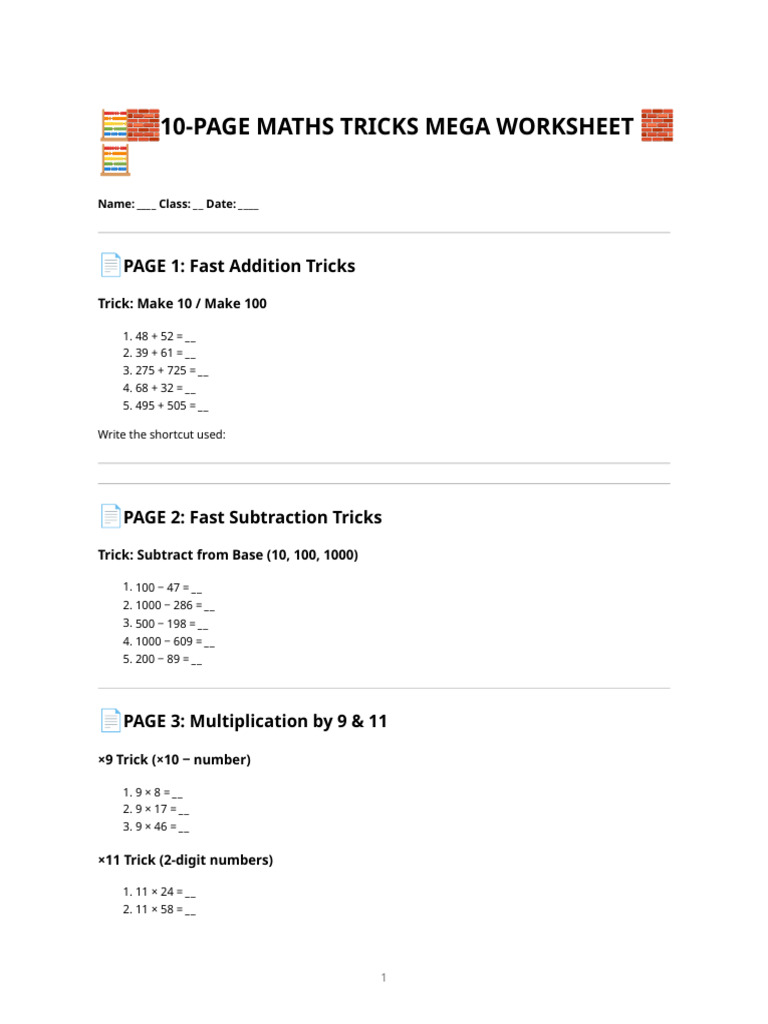 10-Page Maths Tricks Mega Worksheet | PDF