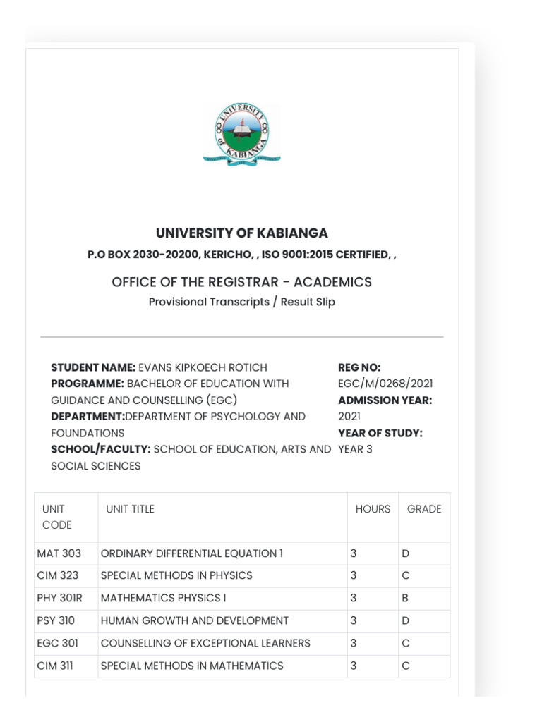 Kabianga University Provisional Transcript | PDF | Physics ...