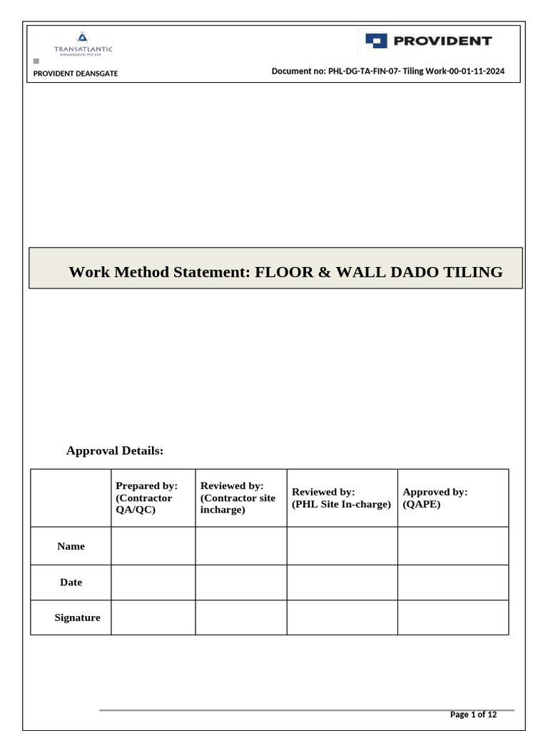 Tiling Work Method Statement for Provident Deansgate | PDF | Tile ...