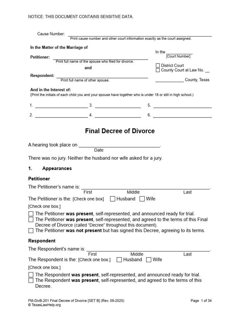 Texas Final Decree of Divorce Template | PDF | Child Support ...