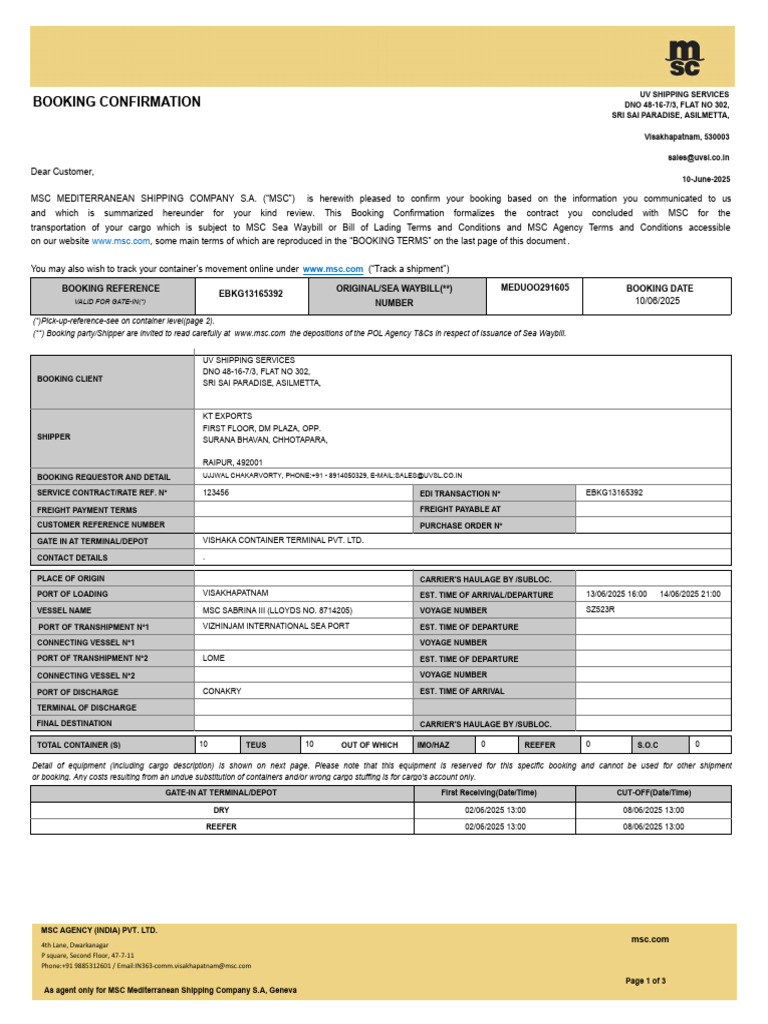 MSC Booking Confirmation Details | PDF | Bill Of Lading | Cargo