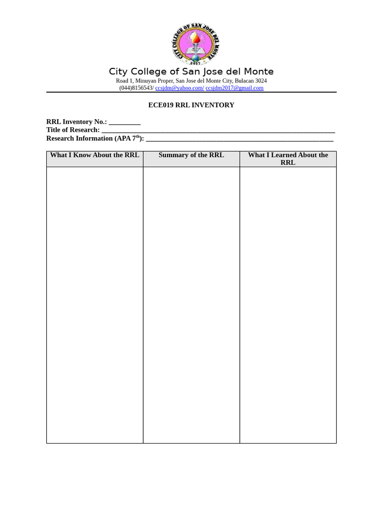 RRL Inventory Template for Research | PDF