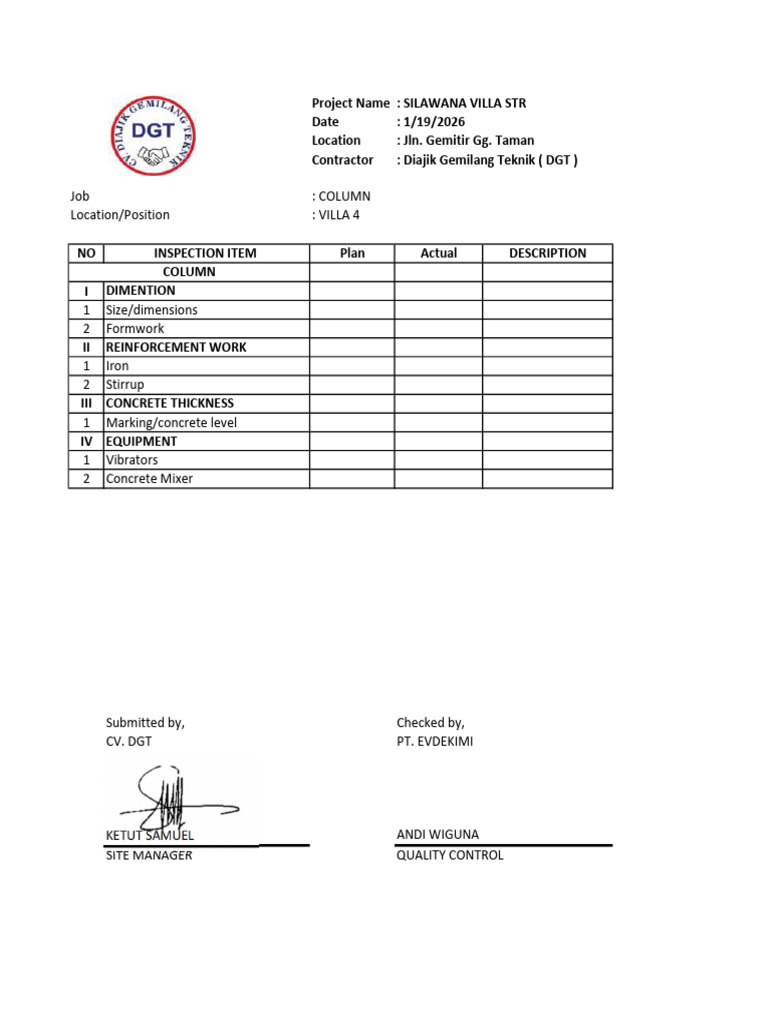SILAWANA VILLA STR Column Inspection Report | PDF