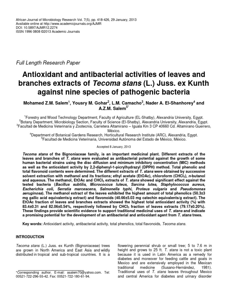 Antioxidant & Antibacterial Effects of Tecoma stans | PDF | Polyphenol ...
