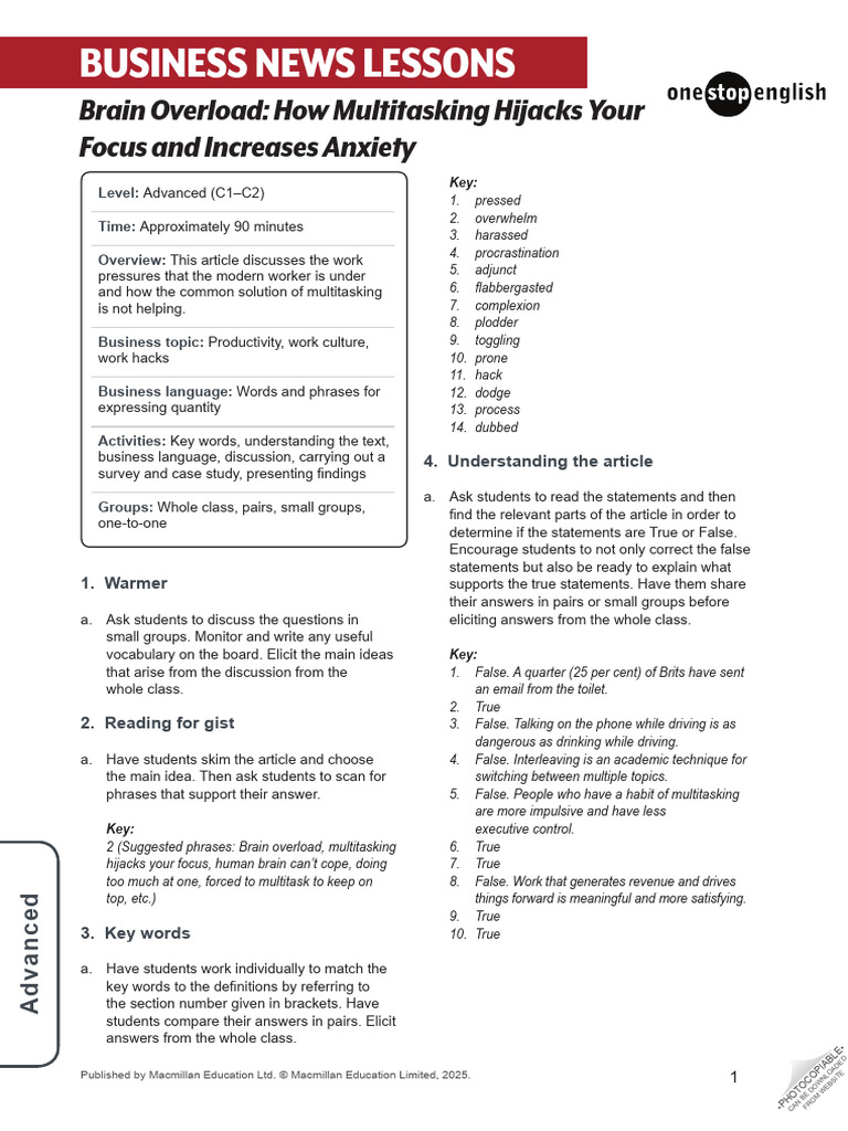 Businessnewslessons Multitasking Advancedteachersnotes 79633 | PDF ...