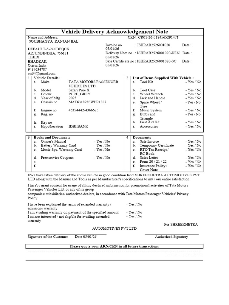 Vehicle Delivery Acknowledgement Note | PDF | Automotive Technologies ...
