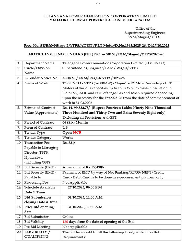 Telangana YTPS LT Motor Tender 2025-26 | PDF | Payments
