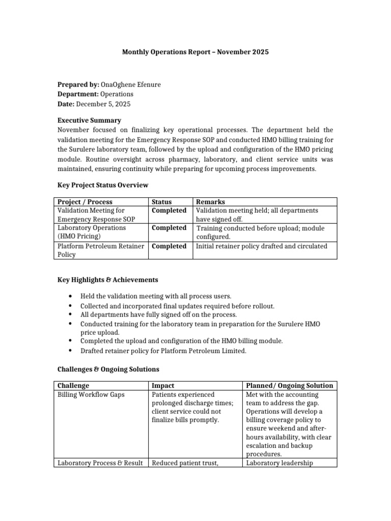 November 2025 Operations Report Summary | PDF | Laboratories | Patient ...