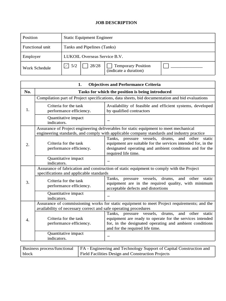 Static Equipment Engineer Job Description | PDF | Specification ...