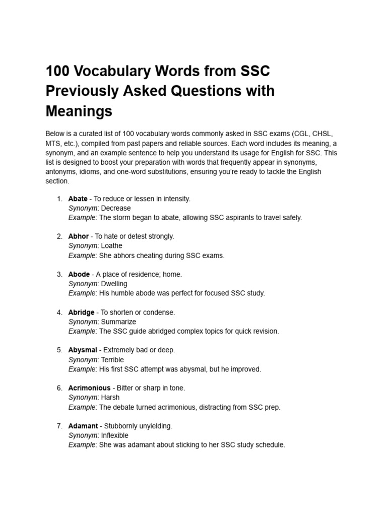 100 Essential SSC Vocabulary Words | PDF | Lexical Semantics | Vocabulary