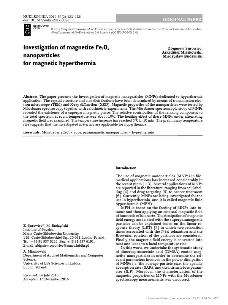 (00295922 - Nukleonika) Investigation of Magnetite Fe3O4 Nanoparticles ...