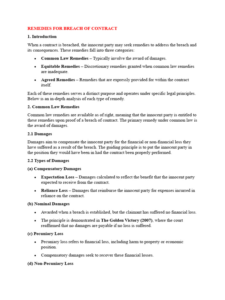 Remedies for Breach of Contract Explained | PDF | Damages | Legal Remedy