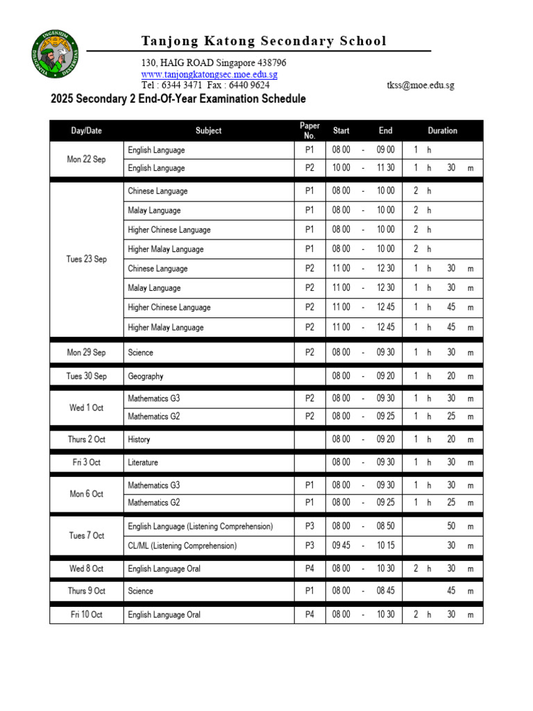 TKSS 2025 Secondary 2 Exam Schedule | PDF